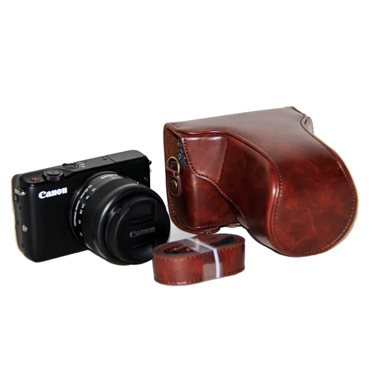 PU Leather Camera Protective Cover + Strap for Canon EOSM/EOSM2/EOSM 10 with 15-45mm Lens - Coffee