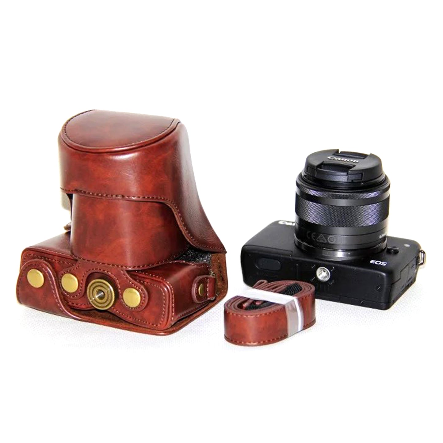 PU Leather Camera Protective Cover + Strap for Canon EOSM/EOSM2/EOSM 10 with 15-45mm Lens - Coffee