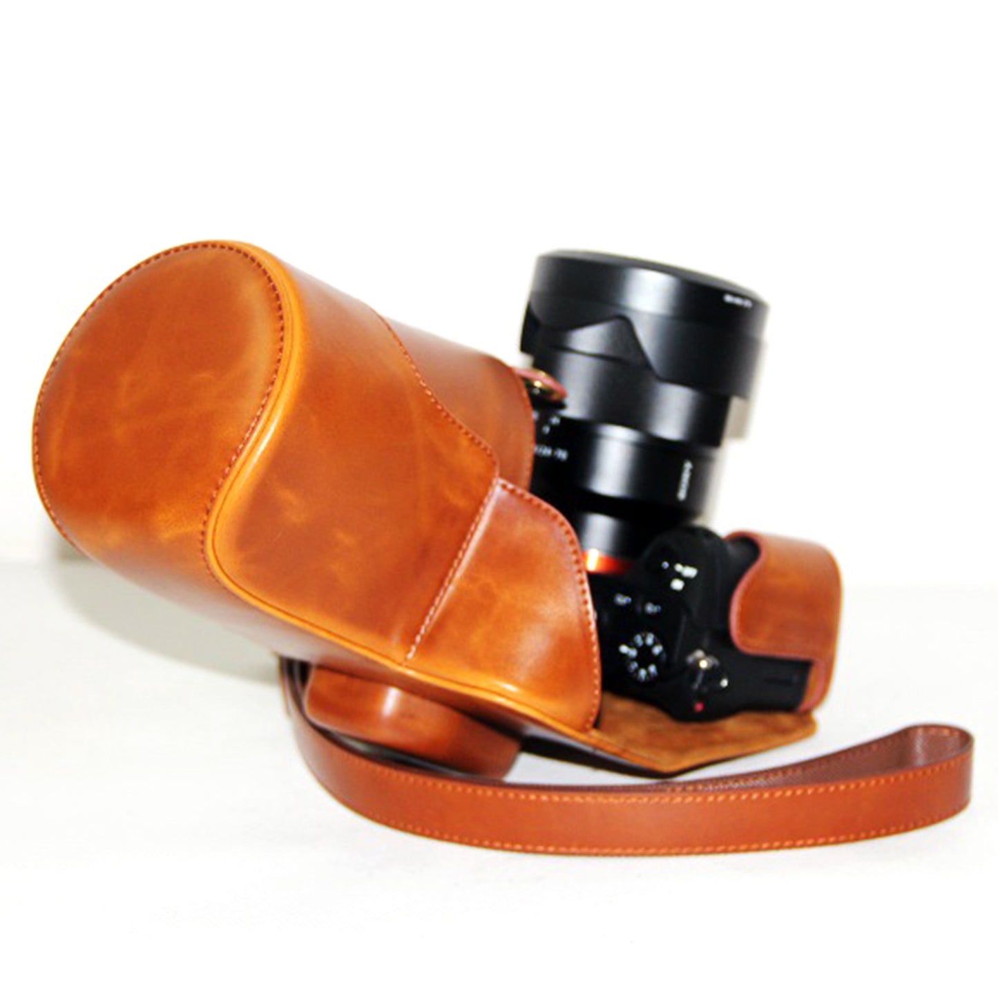PU Leather Camera Protector Pouch + Shoulder Strap for Sony ILCE-7II/a7II/a7m2 - Brown
