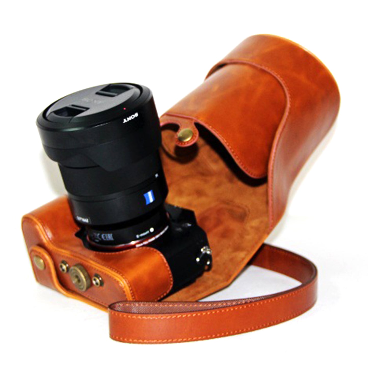 PU Leather Camera Protector Pouch + Shoulder Strap for Sony ILCE-7II/a7II/a7m2 - Brown