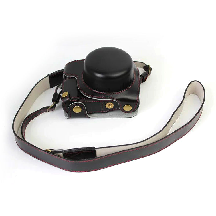 PU Leather Camera Protective Case + Strap for Panasonic DMC-GF8/GF7 - Black