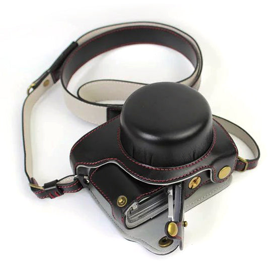 PU Leather Camera Protective Case + Strap for Panasonic DMC-GF8/GF7 - Black