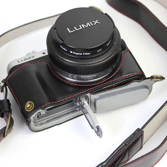 PU Leather Camera Protective Case + Strap for Panasonic DMC-GF8/GF7 - Black