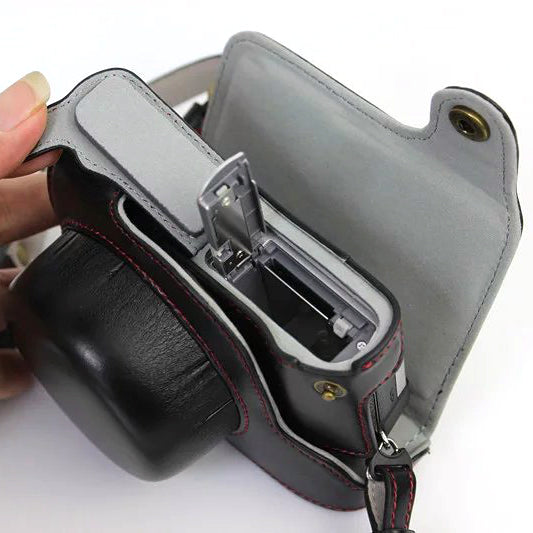 PU Leather Camera Protective Case + Strap for Panasonic DMC-GF8/GF7 - Black