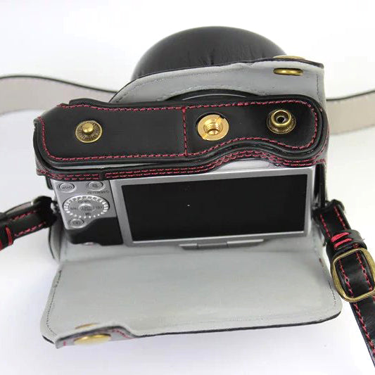 PU Leather Camera Protective Case + Strap for Panasonic DMC-GF8/GF7 - Black