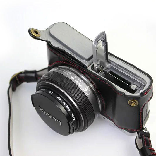PU Leather Camera Protective Case + Strap for Panasonic DMC-GF8/GF7 - Black