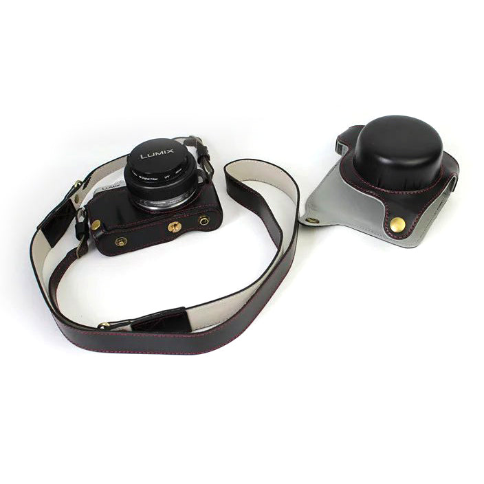 PU Leather Camera Protective Case + Strap for Panasonic DMC-GF8/GF7 - Black