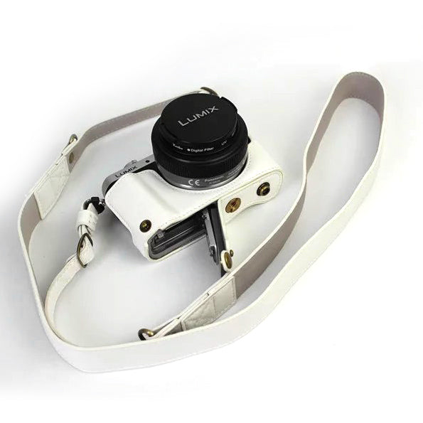 PU Leather Camera Protective Cover + Strap for Panasonic DMC-GF8/GF7 - White