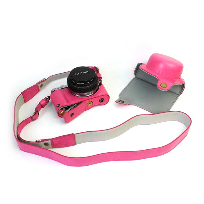 PU Leather Camera Protective Shell + Strap for Panasonic DMC-GF8/GF7 - Rose