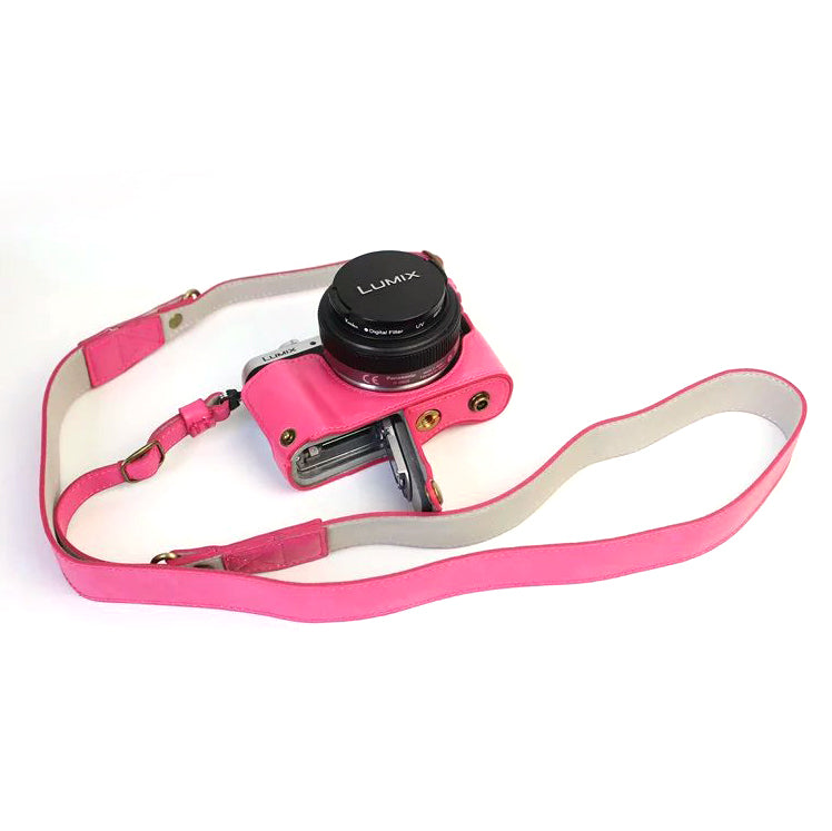 PU Leather Camera Protective Shell + Strap for Panasonic DMC-GF8/GF7 - Rose