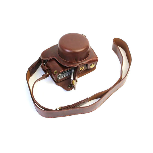 PU Leather Camera Protective Pouch + Strap for Panasonic DMC-GF8/GF7 - Coffee