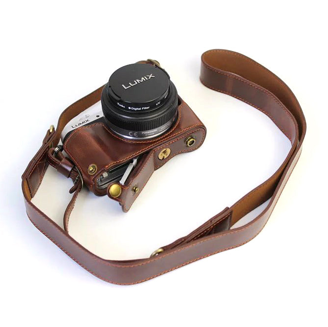 PU Leather Camera Protective Pouch + Strap for Panasonic DMC-GF8/GF7 - Coffee