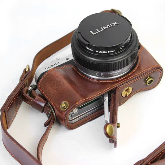 PU Leather Camera Protective Pouch + Strap for Panasonic DMC-GF8/GF7 - Coffee