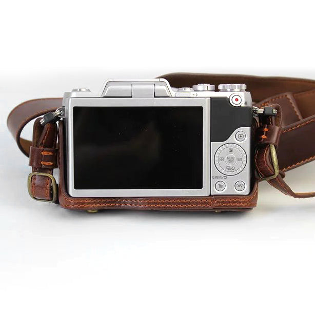 PU Leather Camera Protective Pouch + Strap for Panasonic DMC-GF8/GF7 - Coffee