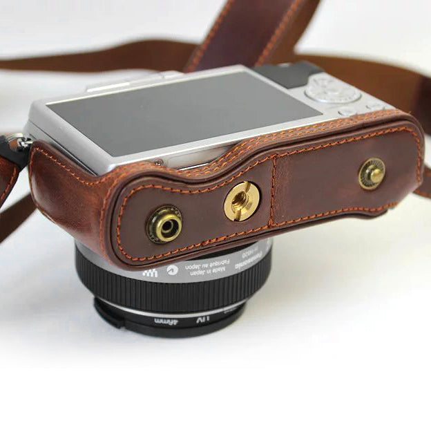 PU Leather Camera Protective Pouch + Strap for Panasonic DMC-GF8/GF7 - Coffee