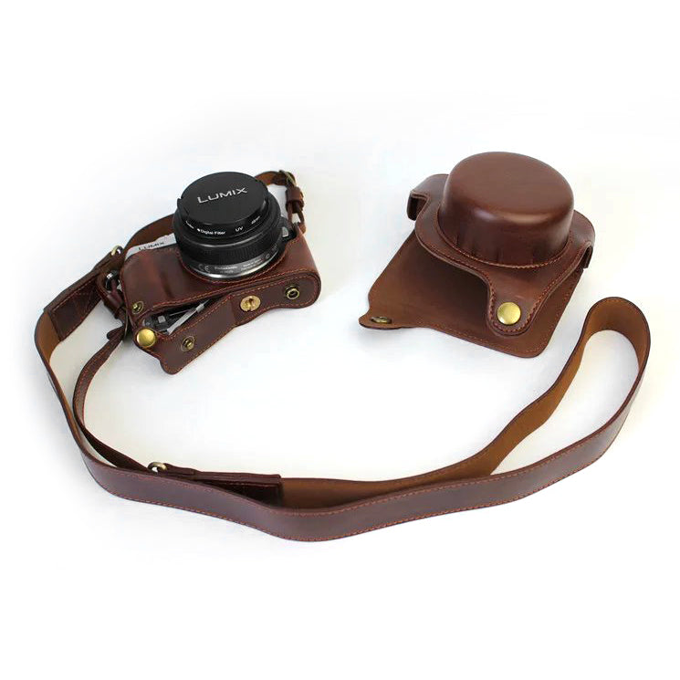 PU Leather Camera Protective Pouch + Strap for Panasonic DMC-GF8/GF7 - Coffee