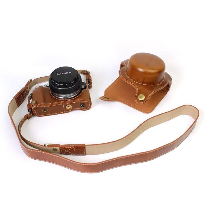 PU Leather Camera Protective Bag + Strap for Panasonic DMC-GF8/GF7 - Brown