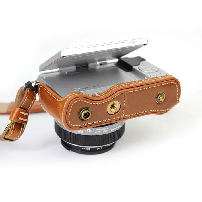 PU Leather Camera Protective Bag + Strap for Panasonic DMC-GF8/GF7 - Brown