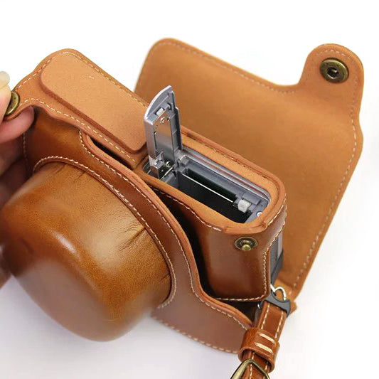 PU Leather Camera Protective Bag + Strap for Panasonic DMC-GF8/GF7 - Brown
