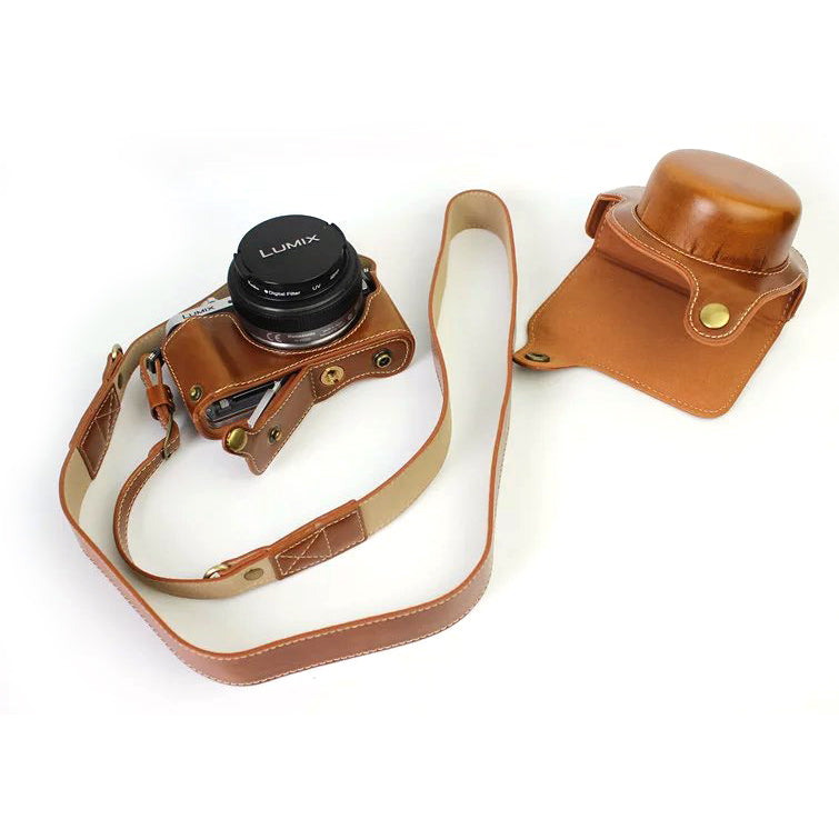 PU Leather Camera Protective Bag + Strap for Panasonic DMC-GF8/GF7 - Brown
