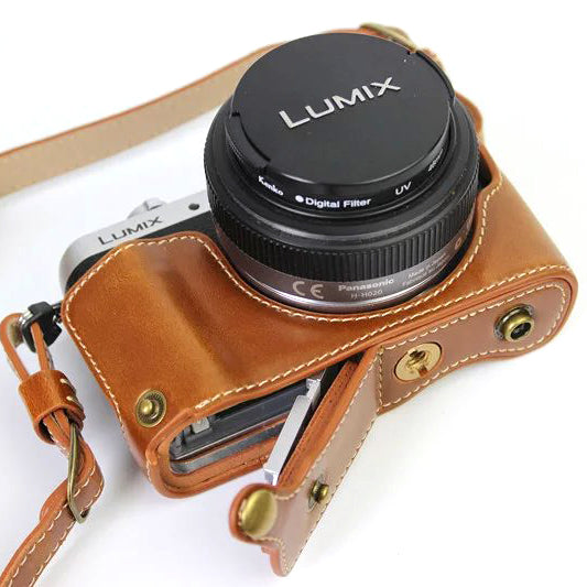 PU Leather Camera Protective Bag + Strap for Panasonic DMC-GF8/GF7 - Brown