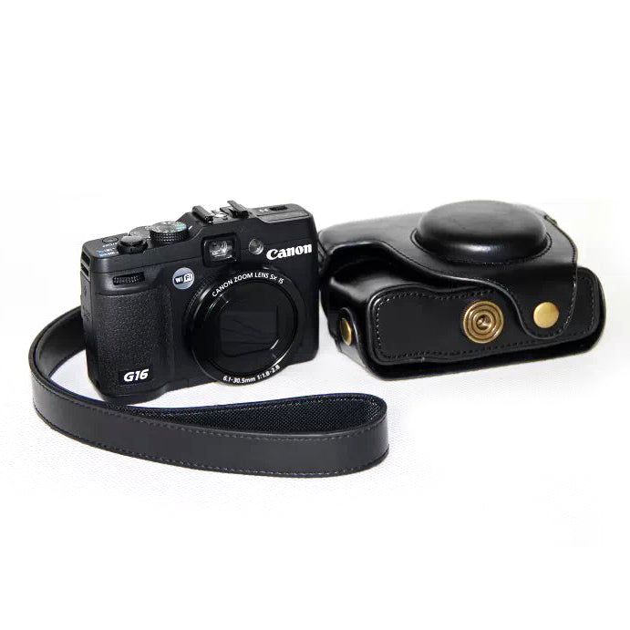 PU Leather Camera Protective Case Bag with Shoulder Strap for Canon PowerShot G15/G16 - Black