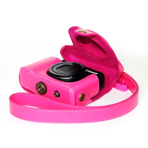 PU Leather Camera Protection Pouch + Shoulder Strap for Canon PowerShot G15/G16 - Rose