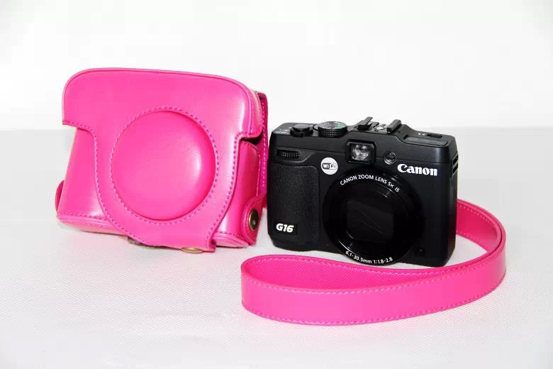PU Leather Camera Protection Pouch + Shoulder Strap for Canon PowerShot G15/G16 - Rose