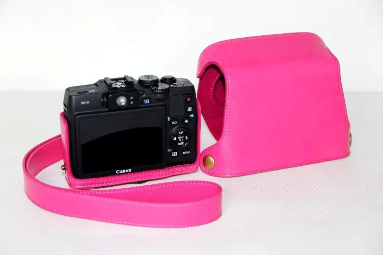 PU Leather Camera Protection Pouch + Shoulder Strap for Canon PowerShot G15/G16 - Rose
