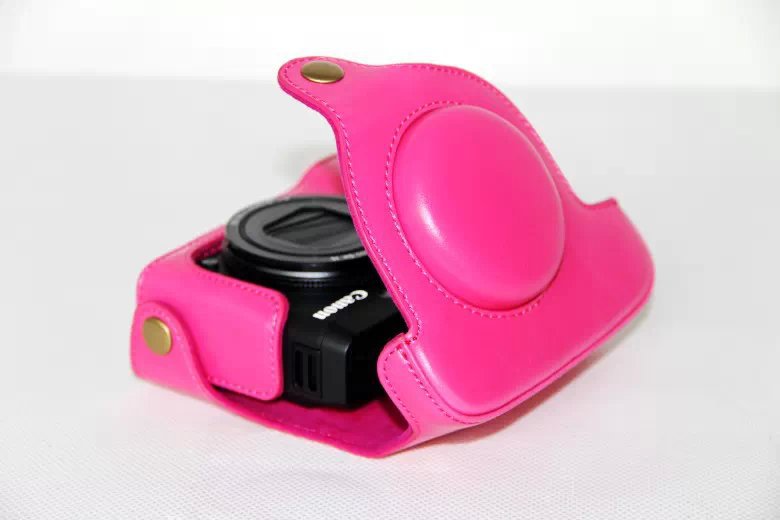 PU Leather Camera Protection Pouch + Shoulder Strap for Canon PowerShot G15/G16 - Rose