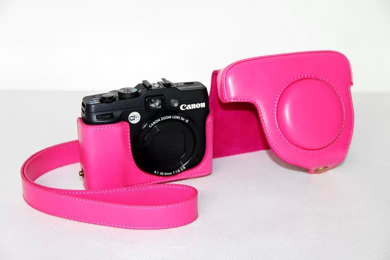 PU Leather Camera Protection Pouch + Shoulder Strap for Canon PowerShot G15/G16 - Rose