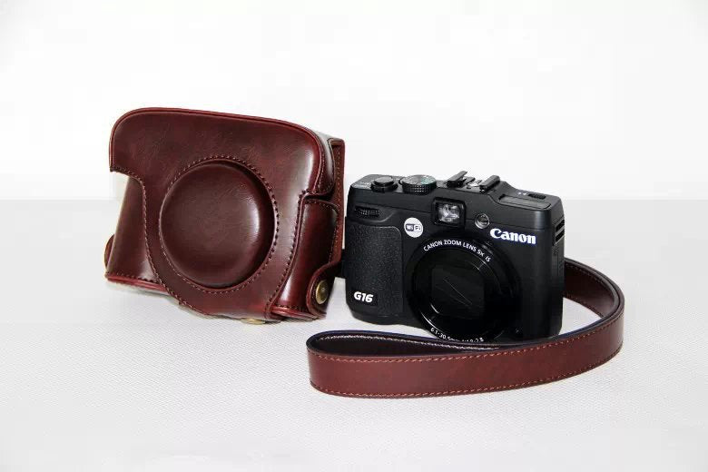PU Leather Camera Protector Case + Strap for Canon PowerShot G15/G16 - Coffee