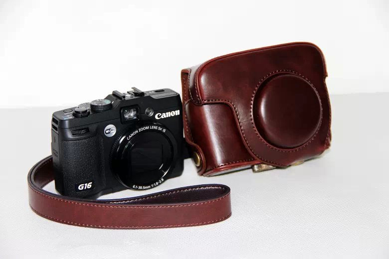 PU Leather Camera Protector Case + Strap for Canon PowerShot G15/G16 - Coffee