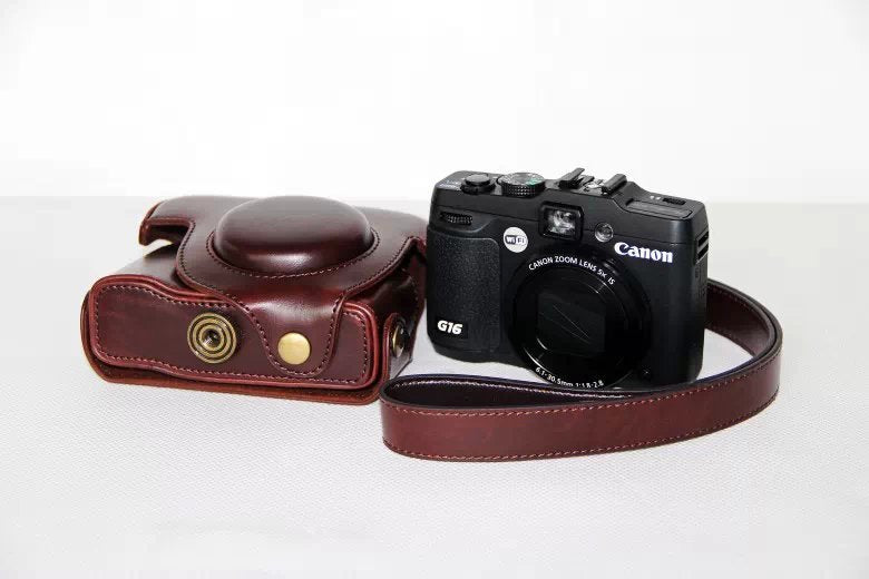 PU Leather Camera Protector Case + Strap for Canon PowerShot G15/G16 - Coffee