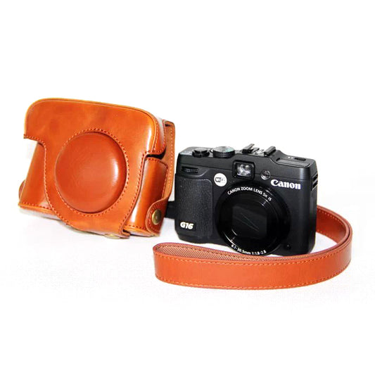 PU Leather Camera Protective Bag + Strap for Canon PowerShot G15/G16 - Brown