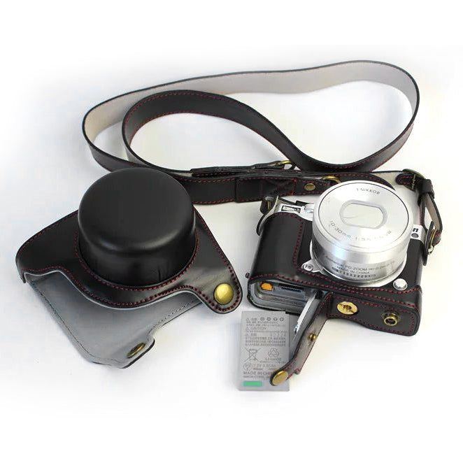 Protective Leather Camera Case Bag with Shoulder Strap for Nikon J5 (10-30mm) - Black
