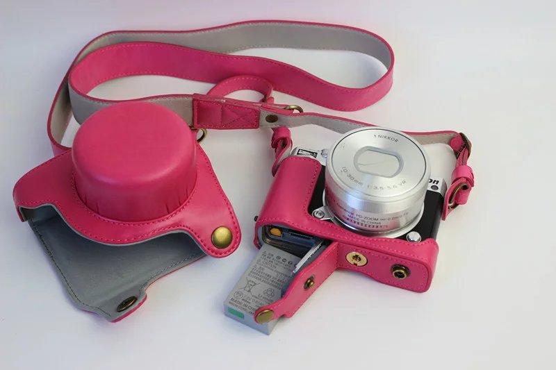 Protective Leather Camera Shell Bag with Shoulder Strap for Nikon J5 (10-30mm) - Rose