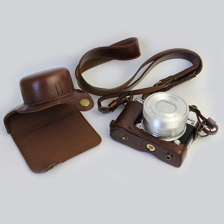 Protective Leather Camera Cover Bag with Shoulder Strap for Nikon J5 (10-30mm) - Coffee