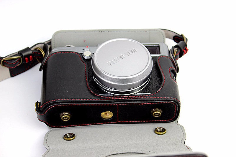 Protective Leather Camera Case Bag with Shoulder Strap for Fujifilm X100/X100S/X100M/X100T - Black