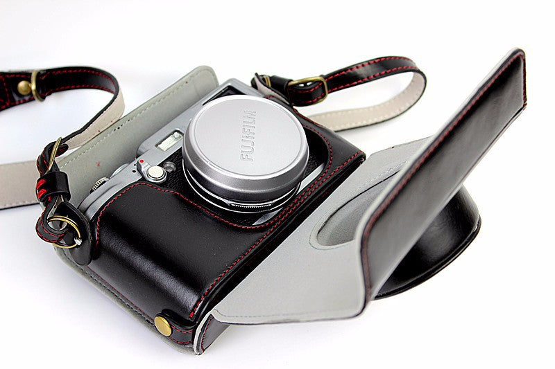 Protective Leather Camera Case Bag with Shoulder Strap for Fujifilm X100/X100S/X100M/X100T - Black