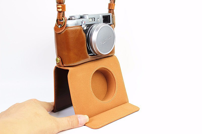 Leather Camera Protective Case Bag with Shoulder Strap for Fujifilm X100/X100S/X100M/X100T - Brown
