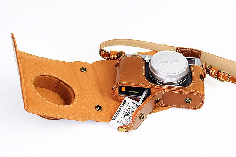 Leather Camera Protective Case Bag with Shoulder Strap for Fujifilm X100/X100S/X100M/X100T - Brown