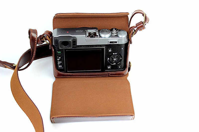 Leather Camera Protective Case Bag with Shoulder Strap for Fujifilm X100/X100S/X100M/X100T - Brown