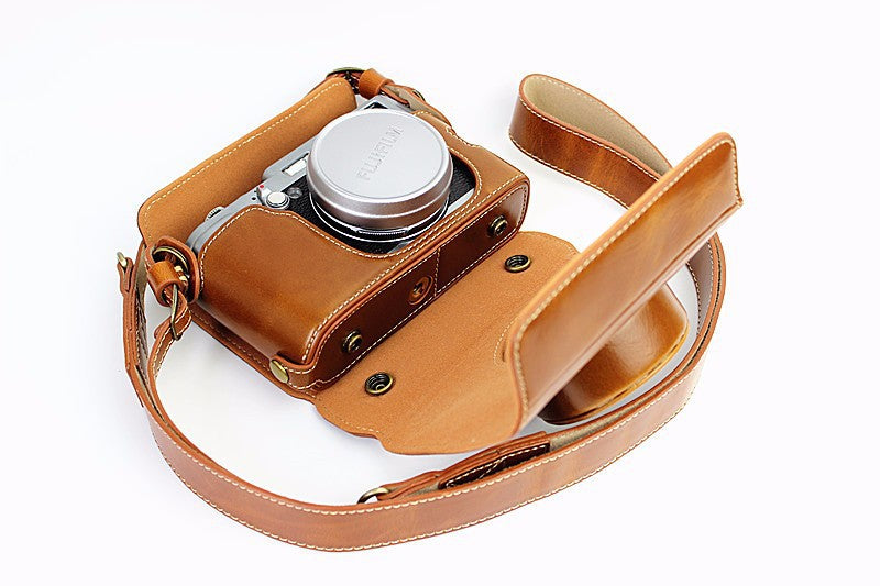 Leather Camera Protective Case Bag with Shoulder Strap for Fujifilm X100/X100S/X100M/X100T - Brown
