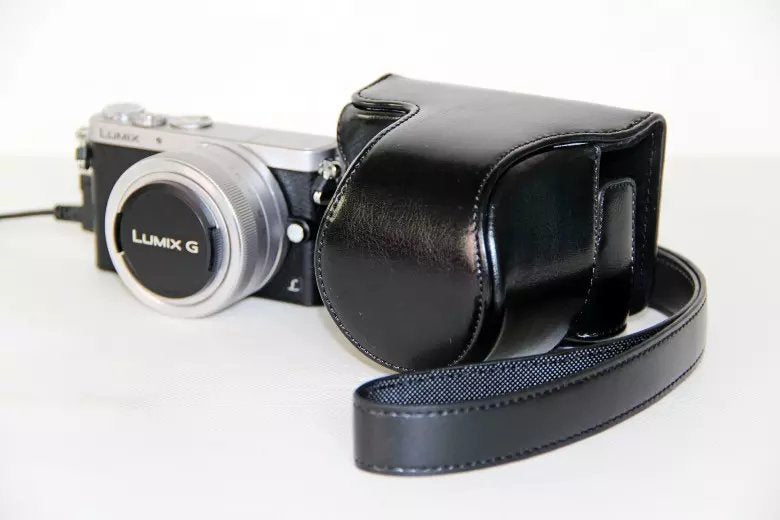 Protective Leather Camera Case Bag with Shoulder Strap for Panasonic Lumix DMC-GM1/GM2 with 12-32mm Lens - Black