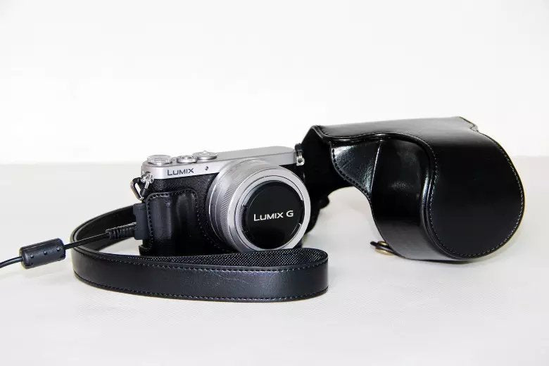 Protective Leather Camera Case Bag with Shoulder Strap for Panasonic Lumix DMC-GM1/GM2 with 12-32mm Lens - Black