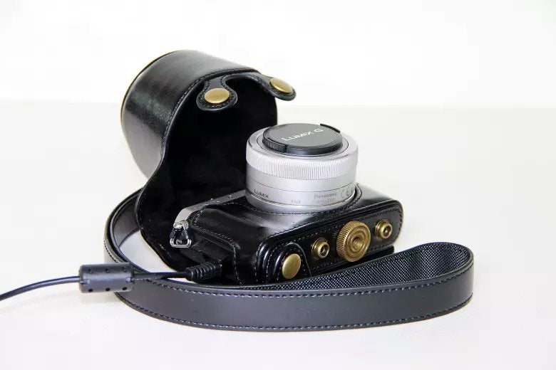 Protective Leather Camera Case Bag with Shoulder Strap for Panasonic Lumix DMC-GM1/GM2 with 12-32mm Lens - Black