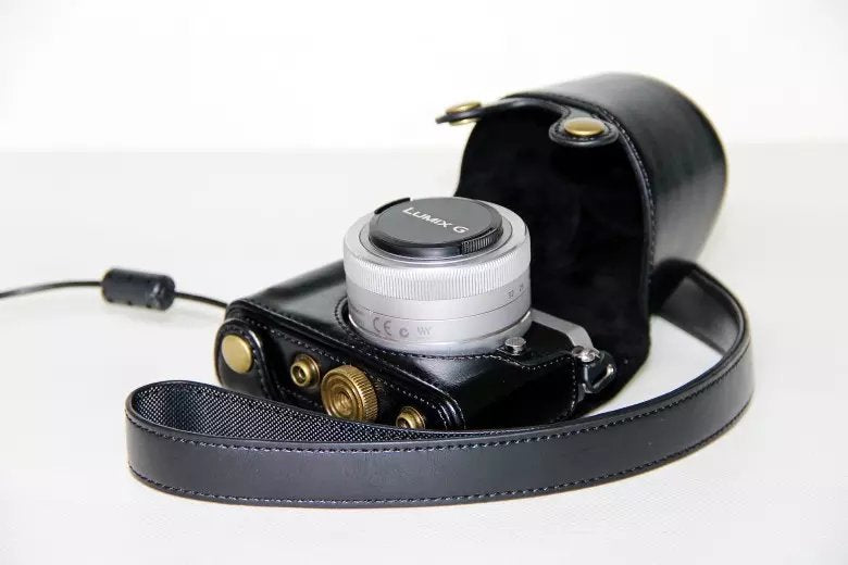 Protective Leather Camera Case Bag with Shoulder Strap for Panasonic Lumix DMC-GM1/GM2 with 12-32mm Lens - Black