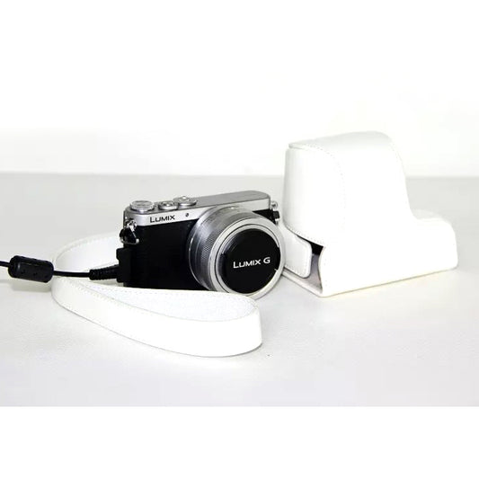 Protective Leather Camera Cover with Shoulder Strap for Panasonic Lumix DMC-GM1/GM2 with 12-32mm Lens - White