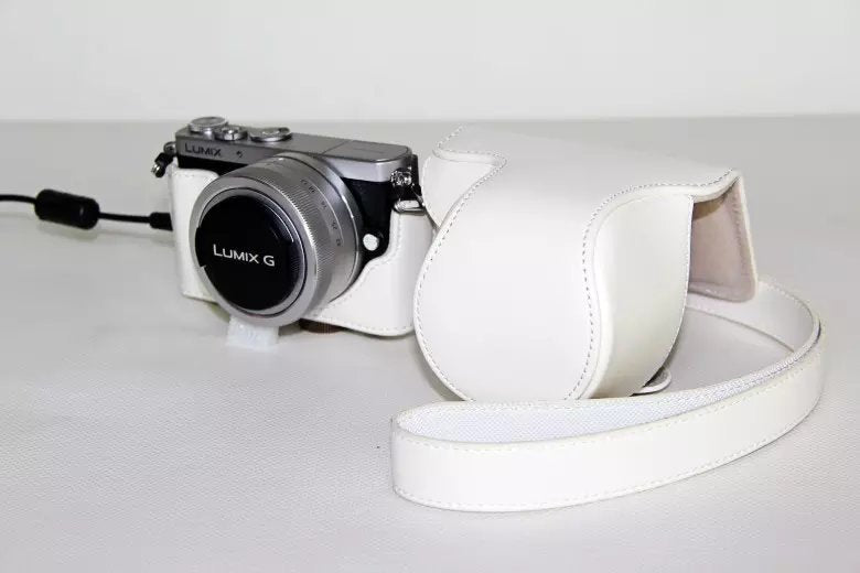 Protective Leather Camera Cover with Shoulder Strap for Panasonic Lumix DMC-GM1/GM2 with 12-32mm Lens - White